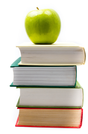 Book heap and green apple on top over white background